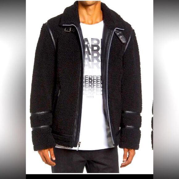 Karl lagerfield black sherpa aviator -moto jacket/coat/ bomber sz Small - Picture 1 of 11